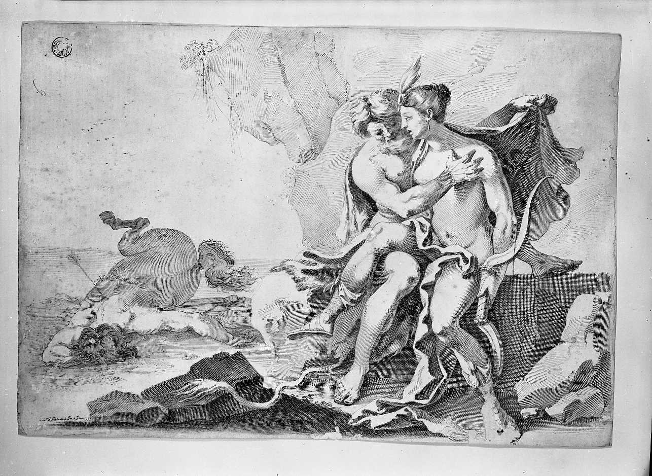 Diana seduta con arco in mano accanto a Nettuno (disegno, opera isolata) di Palmieri Pietro Giacomo (sec. XVIII)