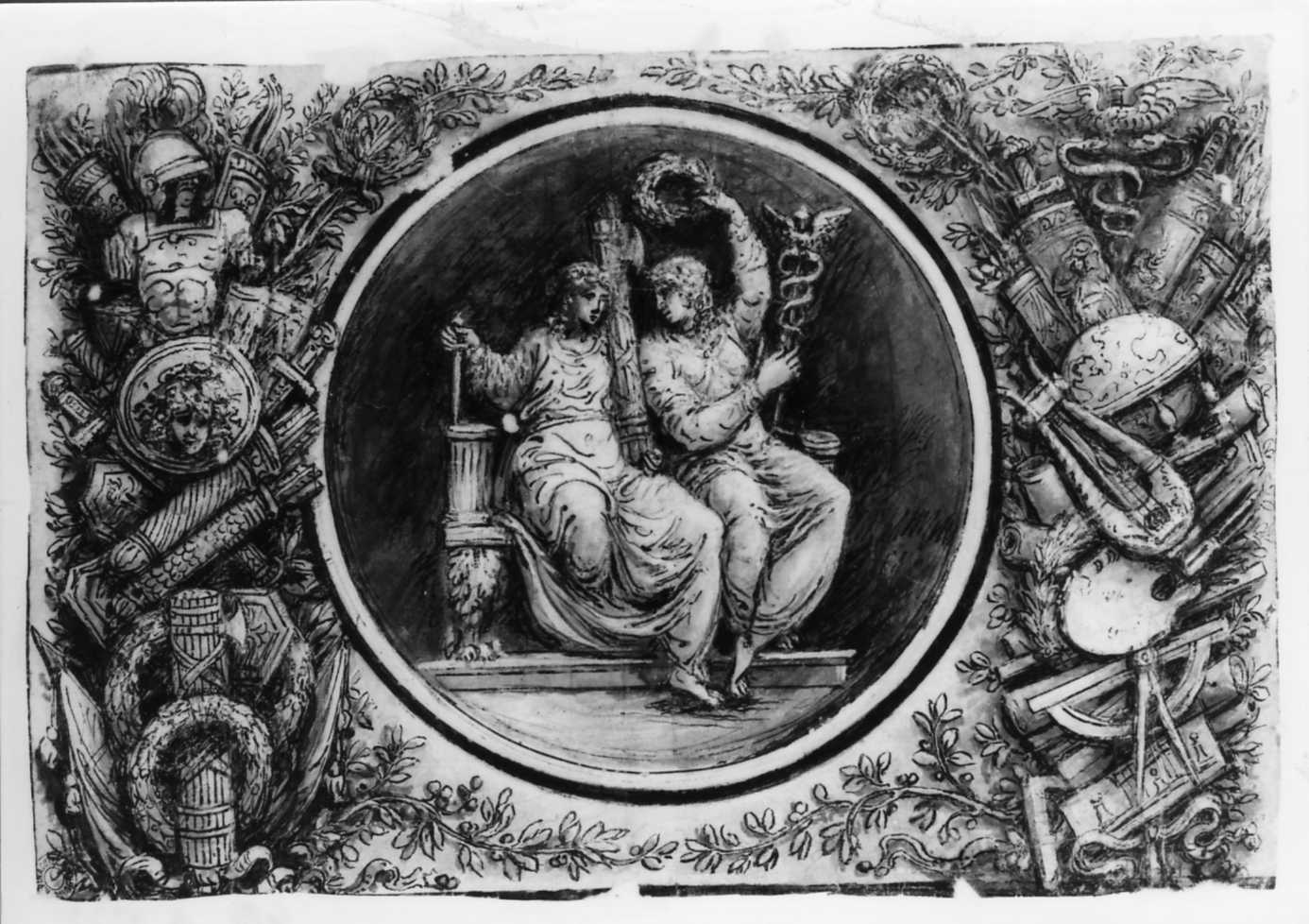 figure mitologiche attorniate da trofei (disegno, opera isolata) di Paolazzi Giovanni Benedetto (attribuito) (fine/inizio secc. XVIII/ XIX)