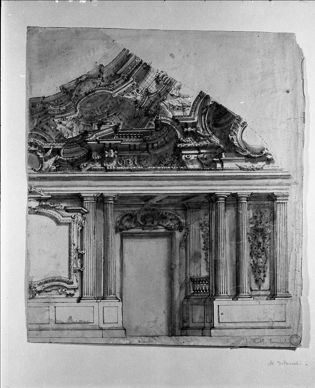 particolare di parete e soffitto con ornamenti (disegno, opera isolata) di Orlandi Stefano (attribuito) (sec. XVIII)
