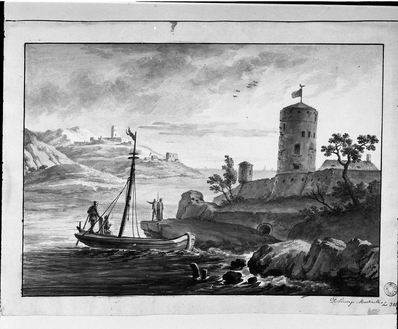 paesaggio marino con barca (disegno, opera isolata) di Martinelli Vincenzo (secc. XVIII/ XIX)