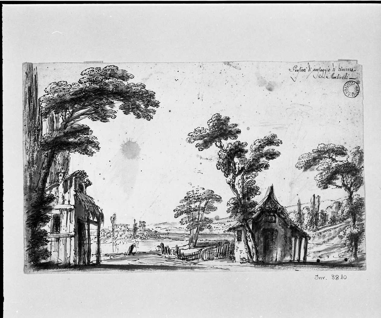 paesaggio con alberi e case (disegno, opera isolata) di Martinelli Vincenzo (secc. XVIII/ XIX)