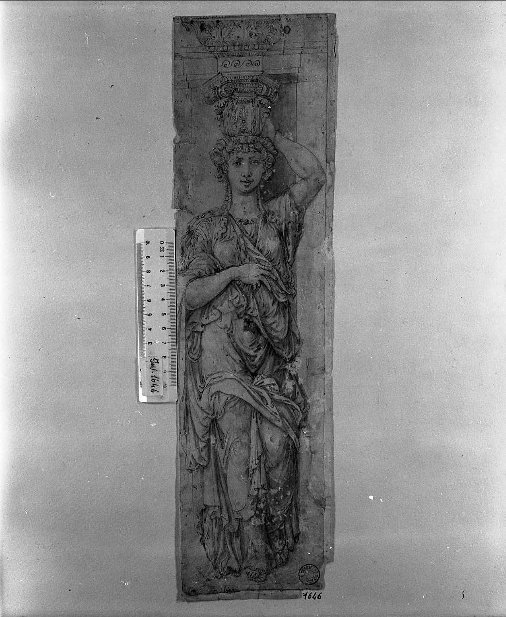 cariatide a figura intera/ studi di decorazioni (disegno, opera isolata) di Ligorio Pirro (attribuito) (sec. XVI)