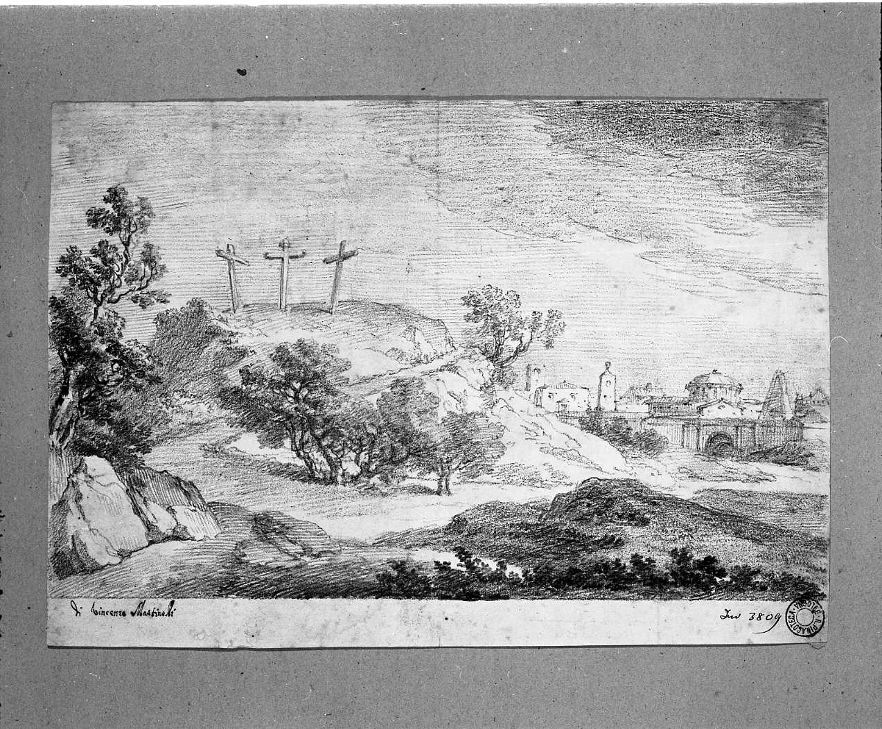paesaggio con tre croci sulla collina e la veduta di una città a destra (disegno, opera isolata) di Martinelli Vincenzo (secc. XVIII/ XIX)