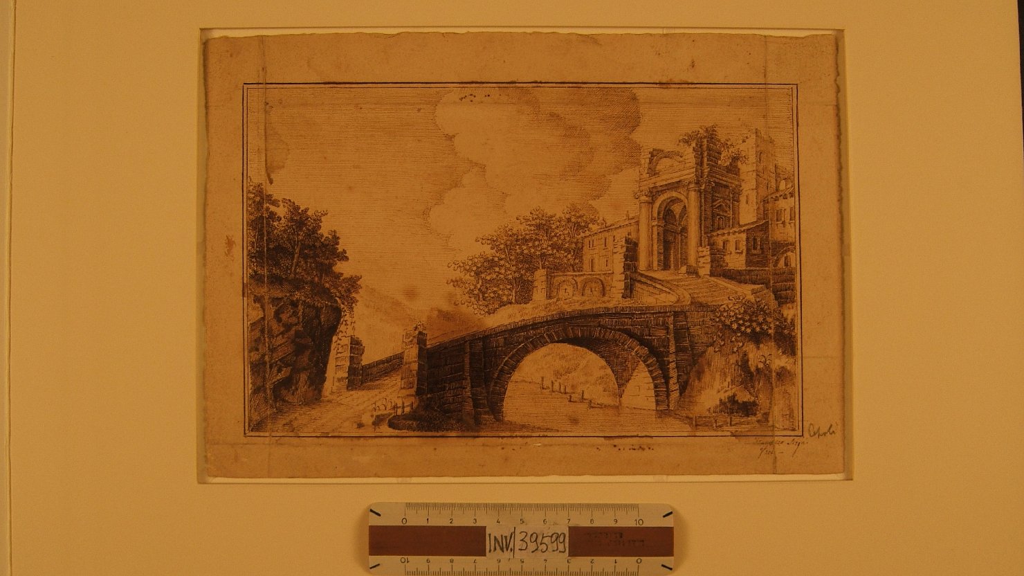 palazzo in rovina con ponte davanti (disegno, opera isolata) di Negri Giovanni Francesco (sec. XVII)