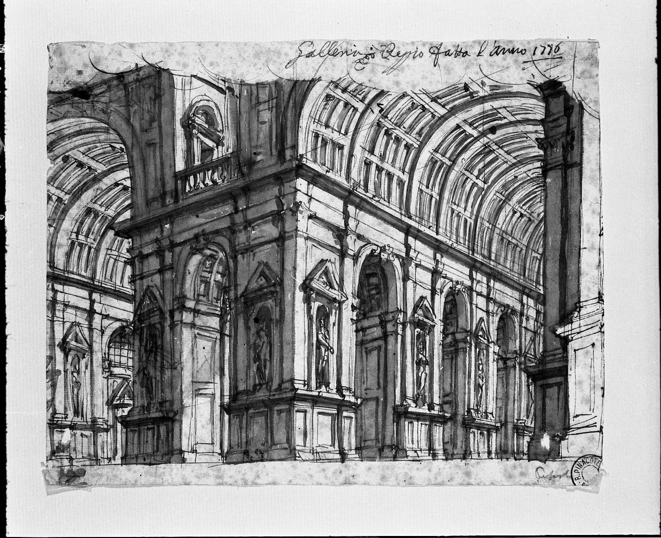 interno di un palazzo con nicchie e statue/ schizzo di una parte di palazzo (disegno, opera isolata) di Orlandi Francesco (attribuito) (sec. XVIII)