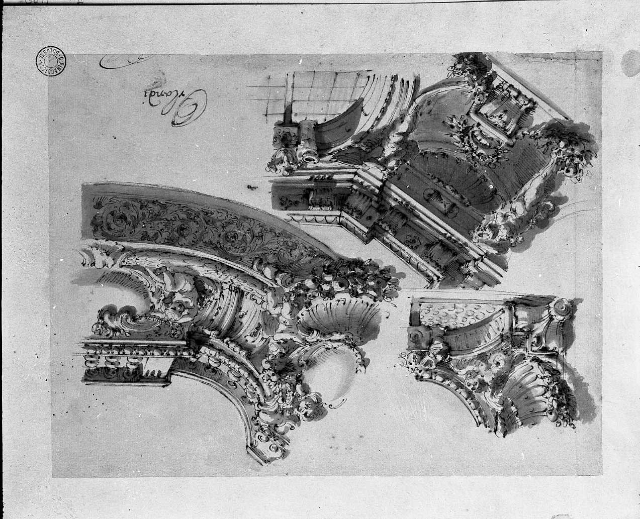 studi per decorazione architettonica (disegno, opera isolata) di Orlandi Stefano (attribuito) (sec. XVIII)