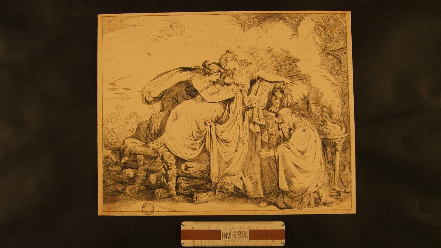 donna sul rogo assistita da due donne (disegno, opera isolata) di Pinelli Bartolomeo (sec. XIX)