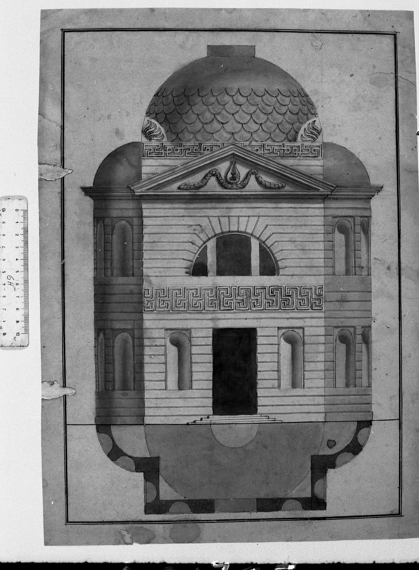 edificio commemorativo (disegno) - ambito accademico bolognese (fine/inizio secc. XVIII/ XIX)