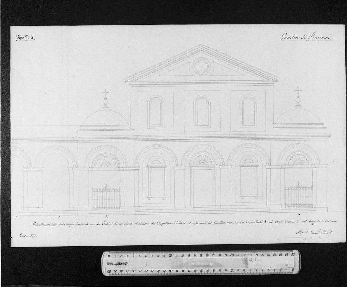 progetto per il cimitero di Ravenna (disegno, elemento d'insieme) di Riccardi Elbino (sec. XIX)