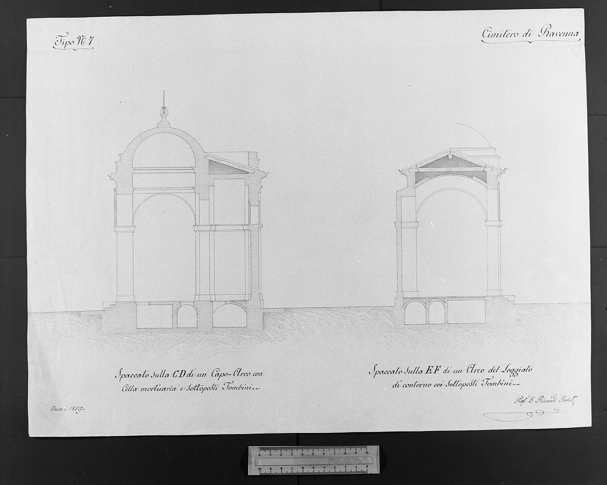 progetto per il cimitero di Ravenna (disegno, elemento d'insieme) di Riccardi Elbino (sec. XIX)