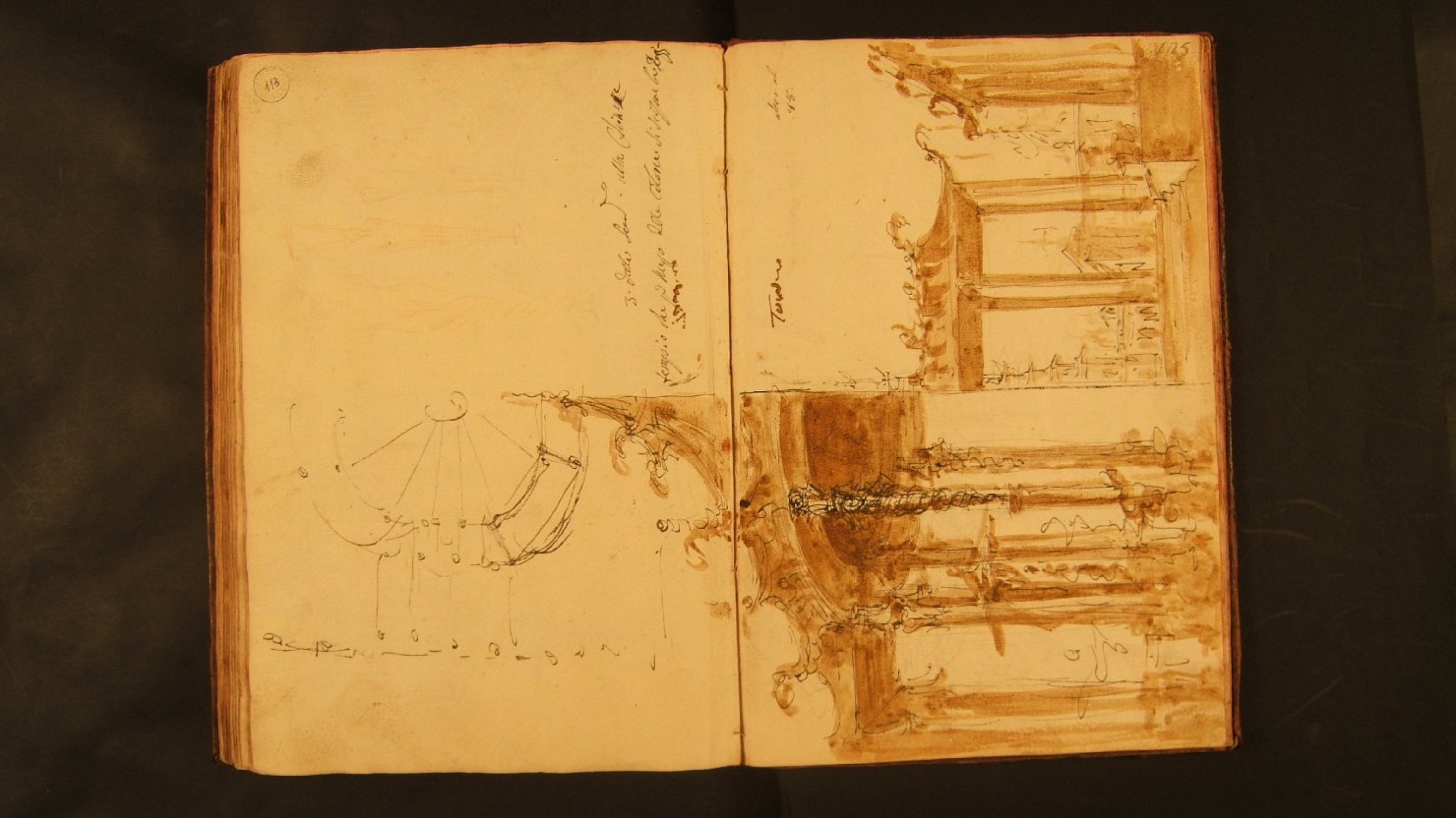 tempio con colonne, reggia a destra (disegno, elemento d'insieme) di Galliari Fabrizio (attribuito) (sec. XVIII)