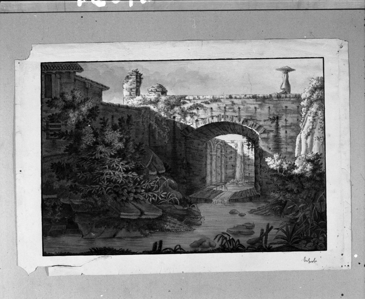 rovine con cascata in fondo (disegno) di Fantuzzi Rodolfo (attribuito) (sec. XIX)