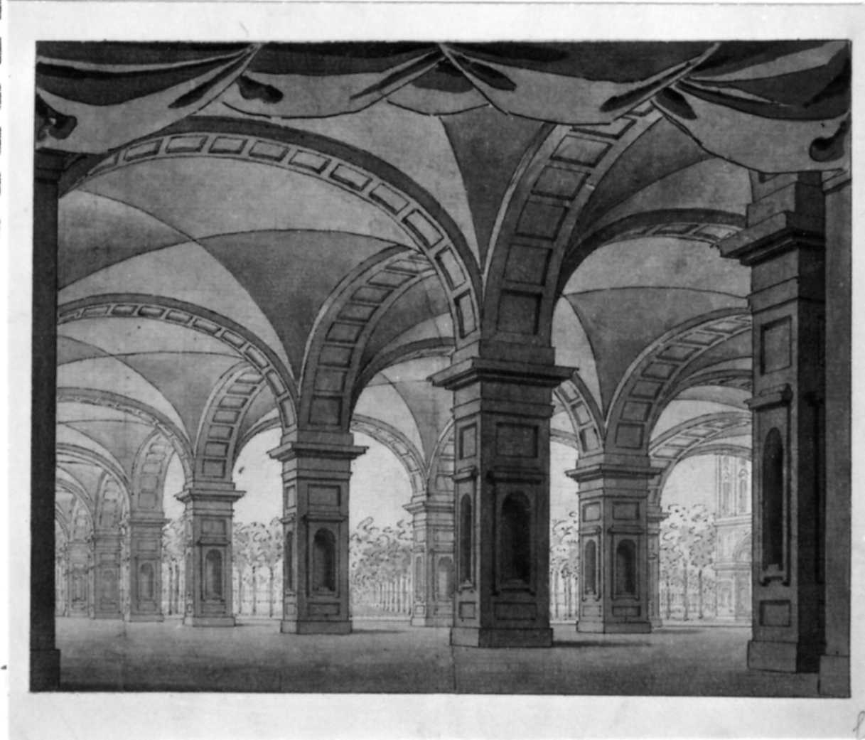 logge con vista di giardino (disegno) di Galliari Giovanni il Giovane (attribuito) (secc. XVIII/ XIX)