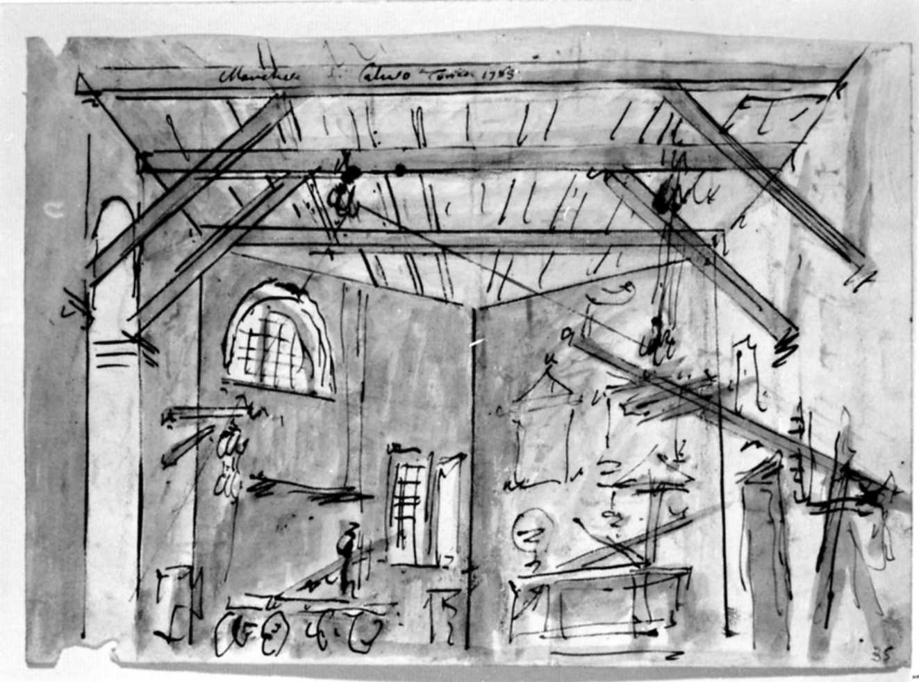 camera con oggetti scientifici/ laterali di case rustiche (disegno) di Galliari Fabrizio (attribuito), Galliari Bernardino (attribuito) (sec. XVIII)