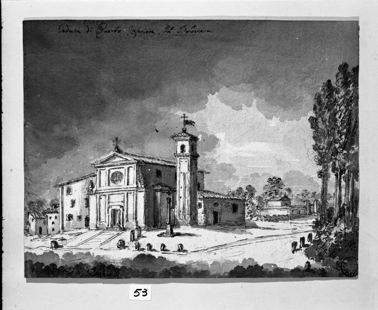 veduta di Quarto Inferiore/ abbozzo di piazza con fontana (disegno) di Fancelli Giuseppe (attribuito) (prima metà sec. XIX)