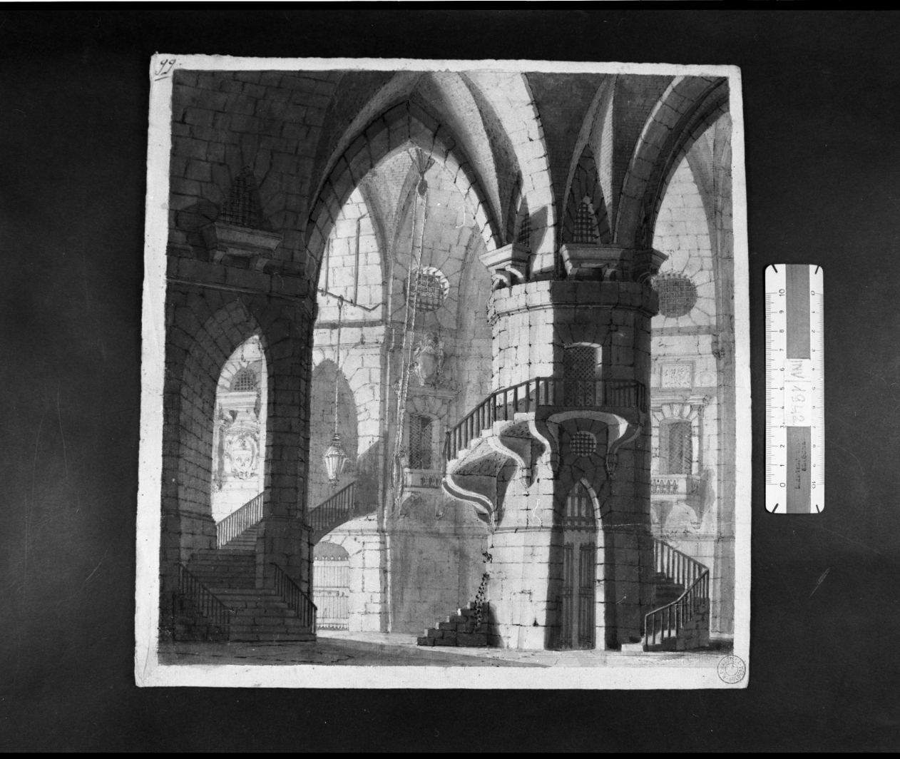 scenografia per interno di edificio medievale (disegno) di Fancelli Giuseppe (attribuito) (prima metà sec. XIX)