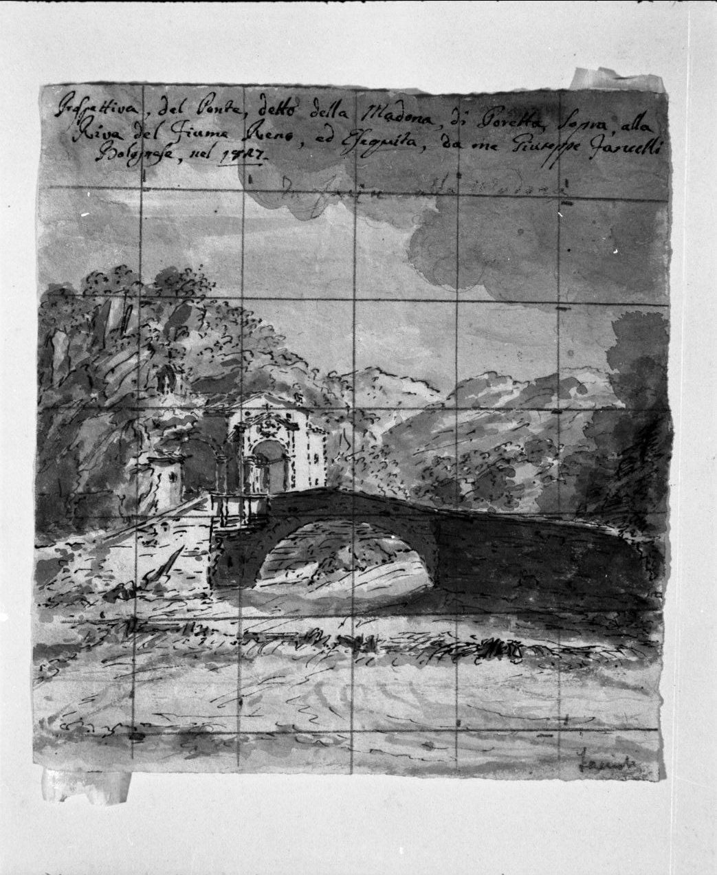 ponte della Madonna a Porretta (disegno) di Fancelli Giuseppe (sec. XIX)