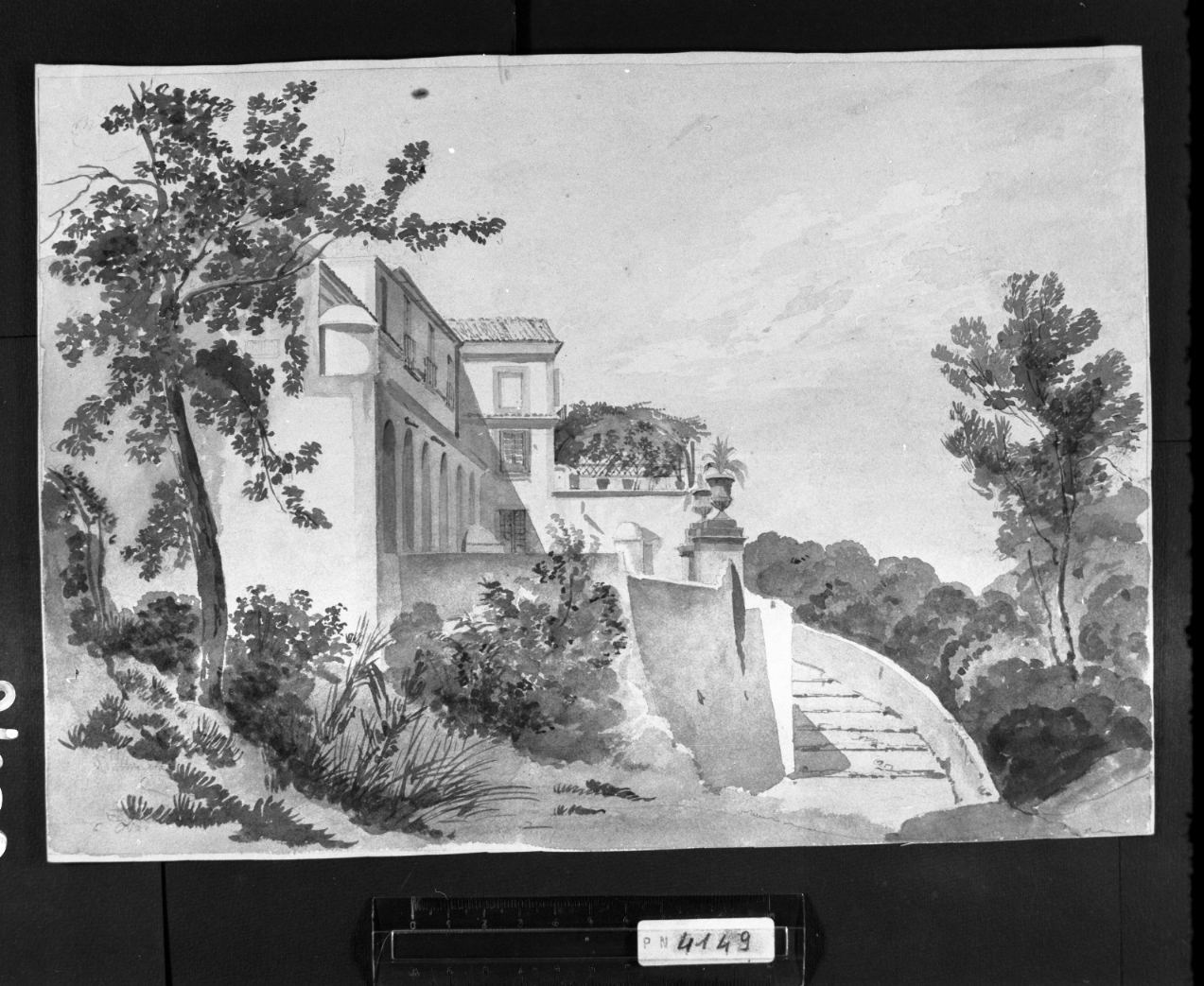 palazzo visto di fianco sulla collina (disegno) di Faccioli Raffaele (attribuito) (terzo quarto sec. XIX)
