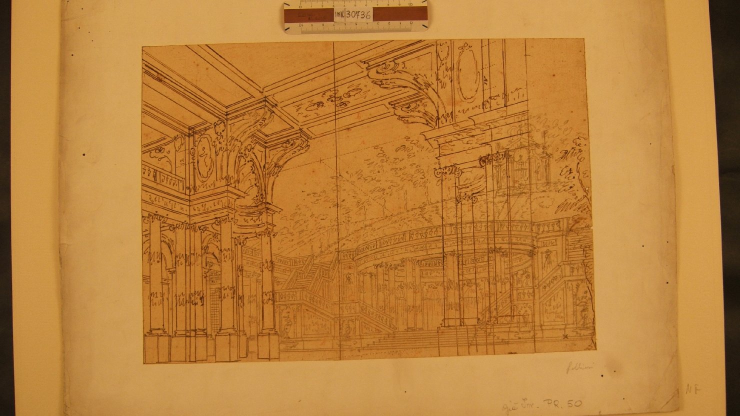 atrio con scale e alberi sullo sfondo (disegno) di Galliari Fabrizio (attribuito) (sec. XVIII)