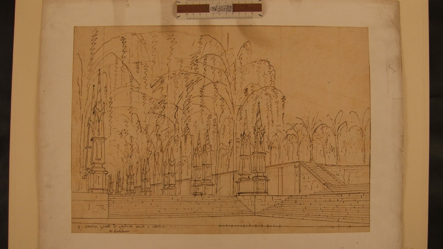 viale ornati con obelischi (disegno) di Galliari Fabrizio (attribuito) (sec. XVIII)