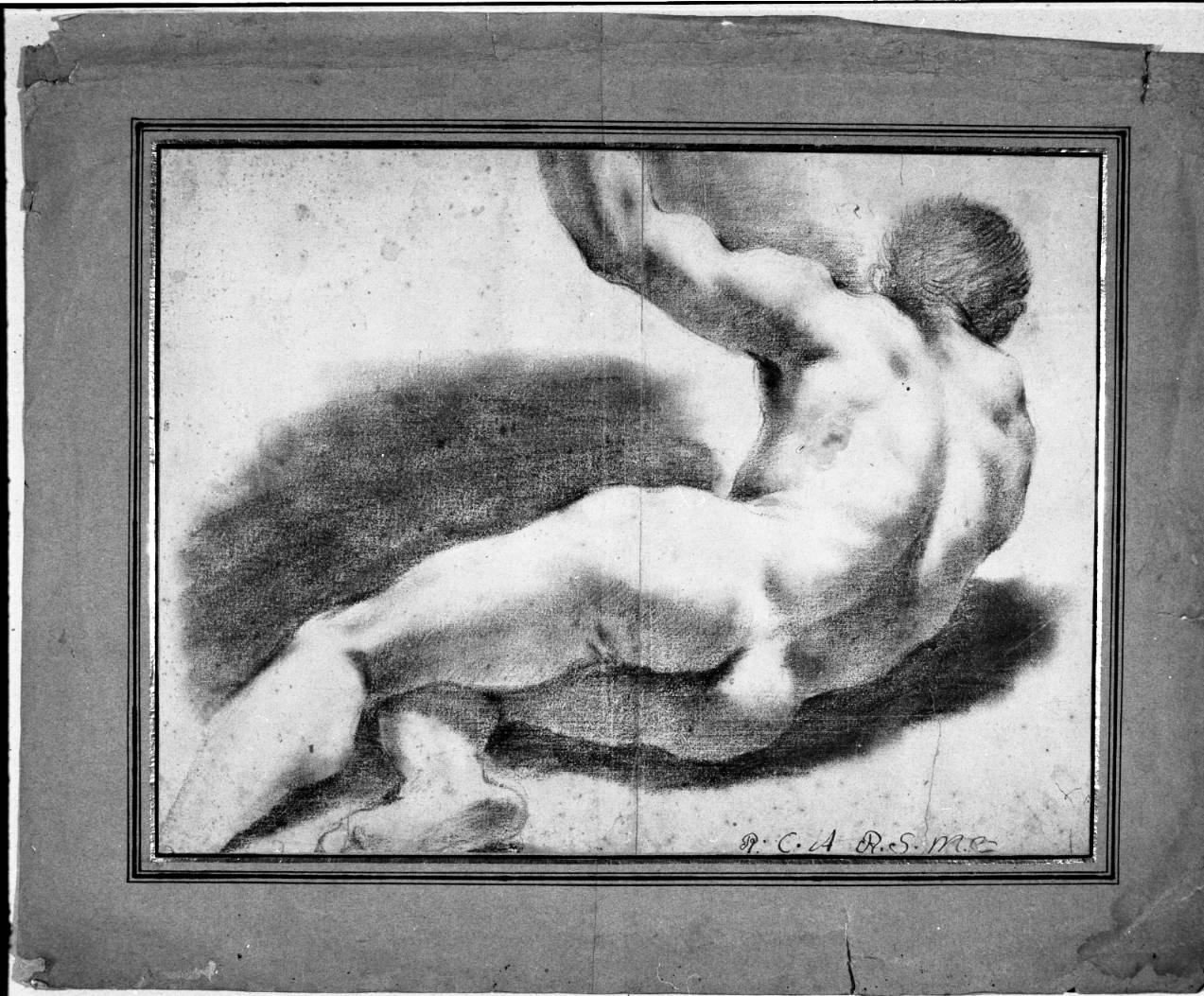studio di nudo maschile sdraiato visto da tergo, col braccio sinistro alzato (disegno, opera isolata) di Barbieri Giovanni Francesco detto Guercino (attribuito) (sec. XVII)