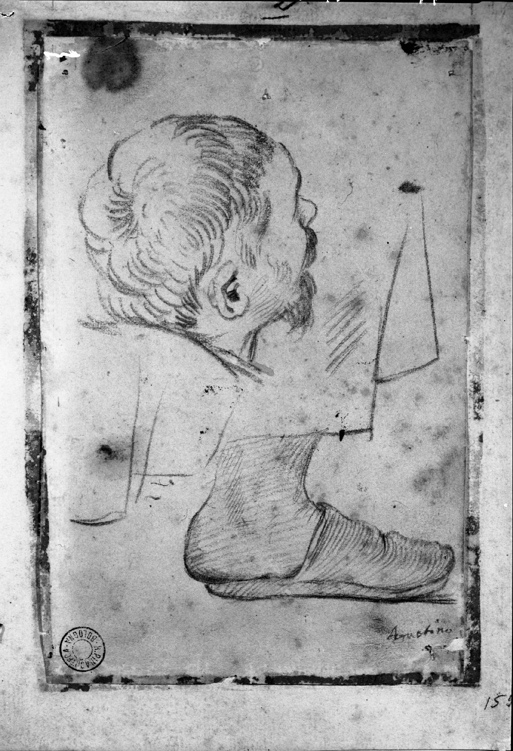 testa di monaco di profilo sfuggente verso destra e studio di un piede calzato in un sandalo (disegno, elemento d'insieme) di Carracci Agostino (attribuito) (sec. XVI)