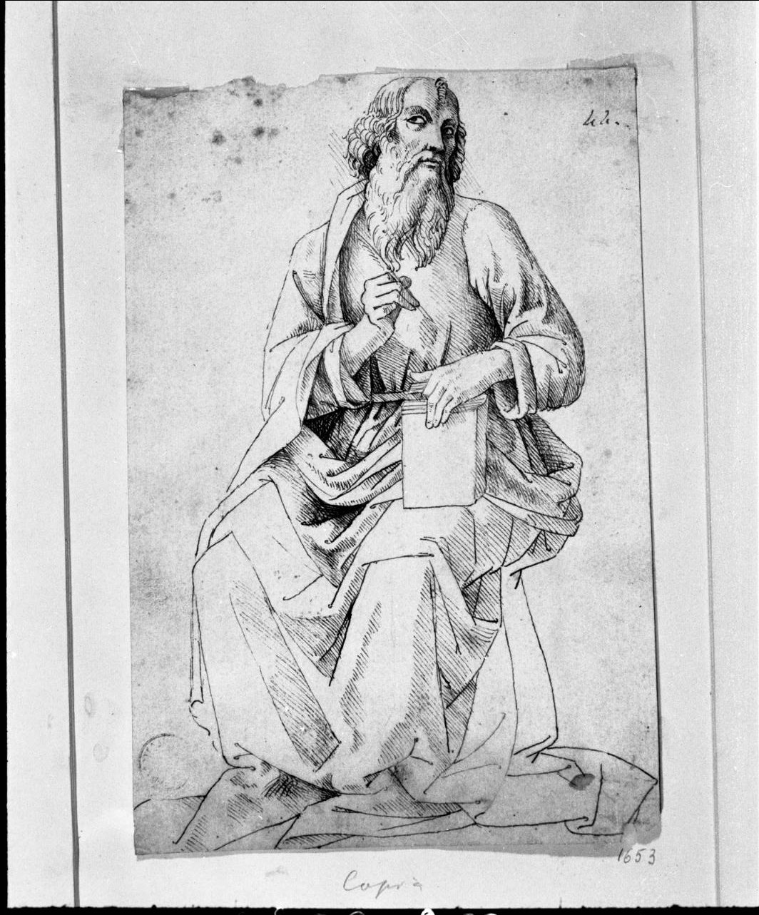 evangelista seduto con una penna e un libro nelle mani (disegno, opera isolata) di Aspertini Amico (attribuito) (sec. XV)