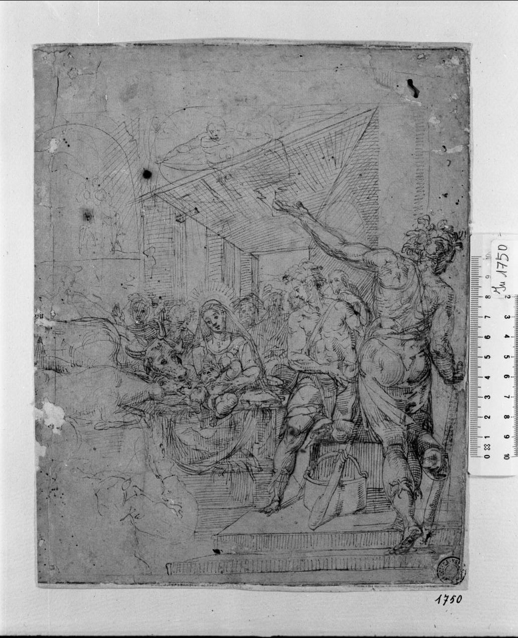 adorazione dei pastori/ studio di mano, schizzi di figure, lettere e iscrizioni (disegno, opera isolata) di Morina Giulio (attribuito) (sec. XVI)