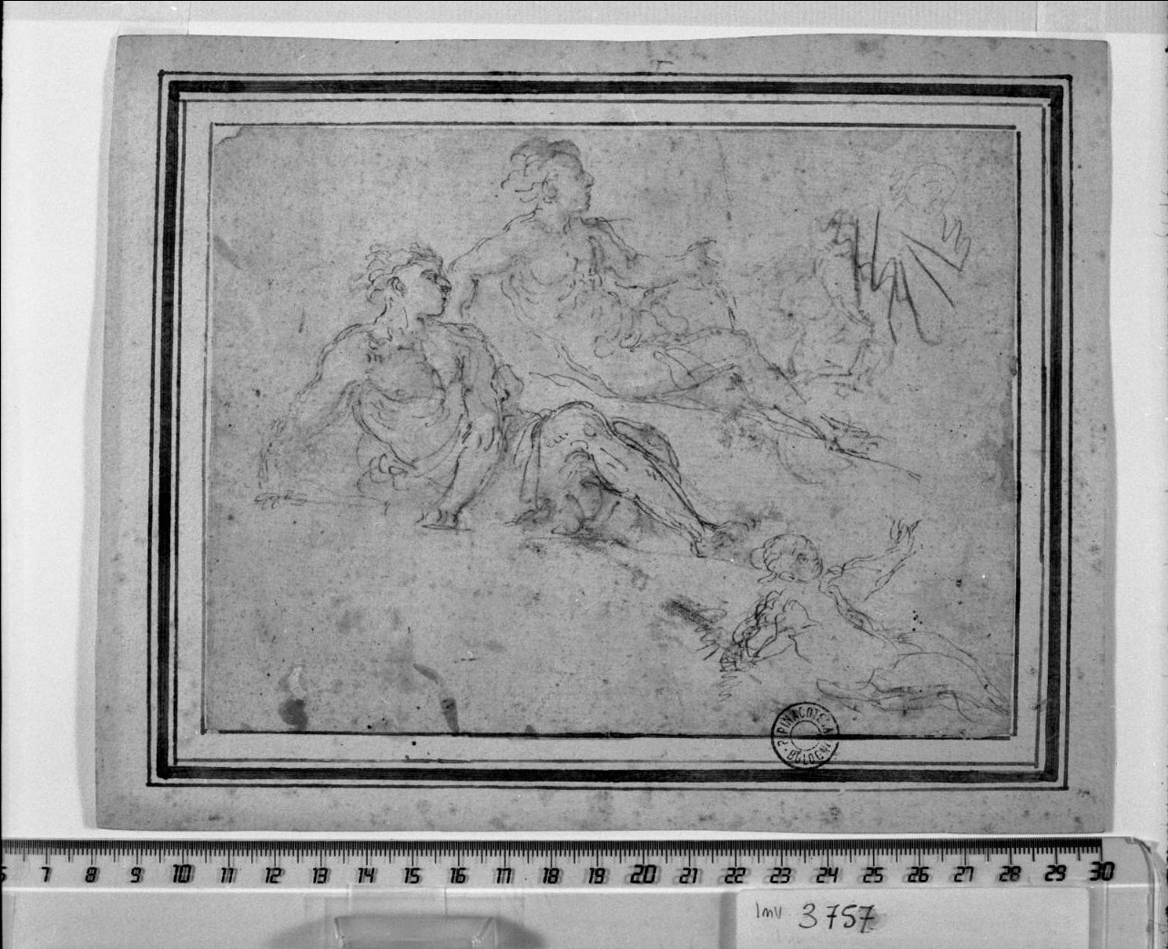 tre studi di figura semisdraiata, volta verso destra (disegno, opera isolata) di Canuti Domenico Maria (attribuito) (terzo quarto sec. XVII)