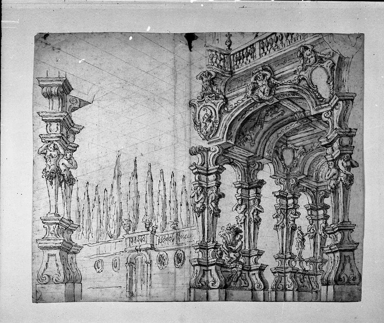 loggia con giardino/ abbozzi dello stesso motivo (disegno, opera isolata) di Righini Pietro (attribuito) (sec. XVIII)