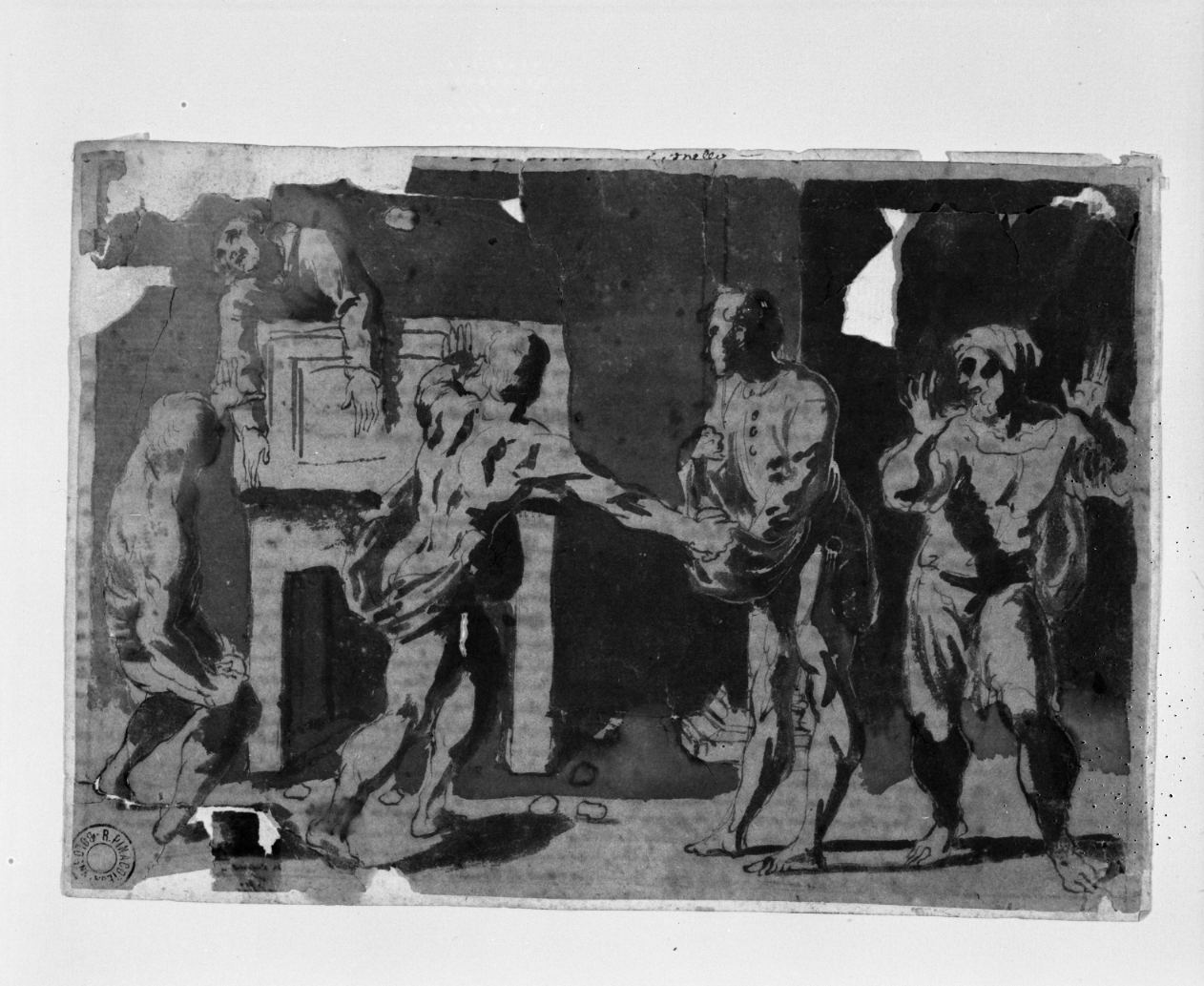predicatore assalito mentre predica da un pulpito (disegno, opera isolata) di Spada Lionello (attribuito) (secc. XVI/ XVII)