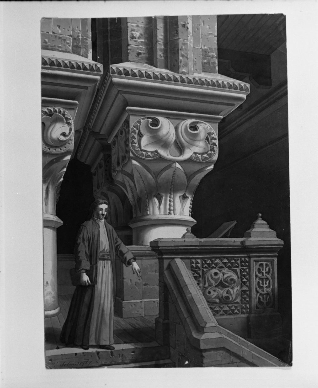 figura virile in edificio romanico-gotico (disegno, opera isolata) di Solmi Valentino (sec. XIX)