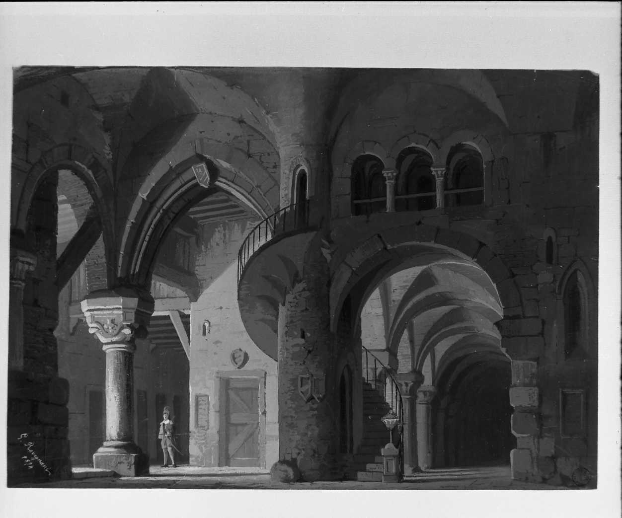 vasto interno di castello (disegno, opera isolata) di Ravegnani Giuseppe (sec. XIX)