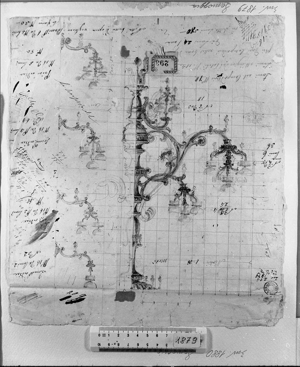 progetti e studi per lampadario e appliques del Teatro Comunale di Bologna/ schizzi di ornamenti (disegno, opera isolata) di Samoggia Luigi (attribuito) (sec. XIX)