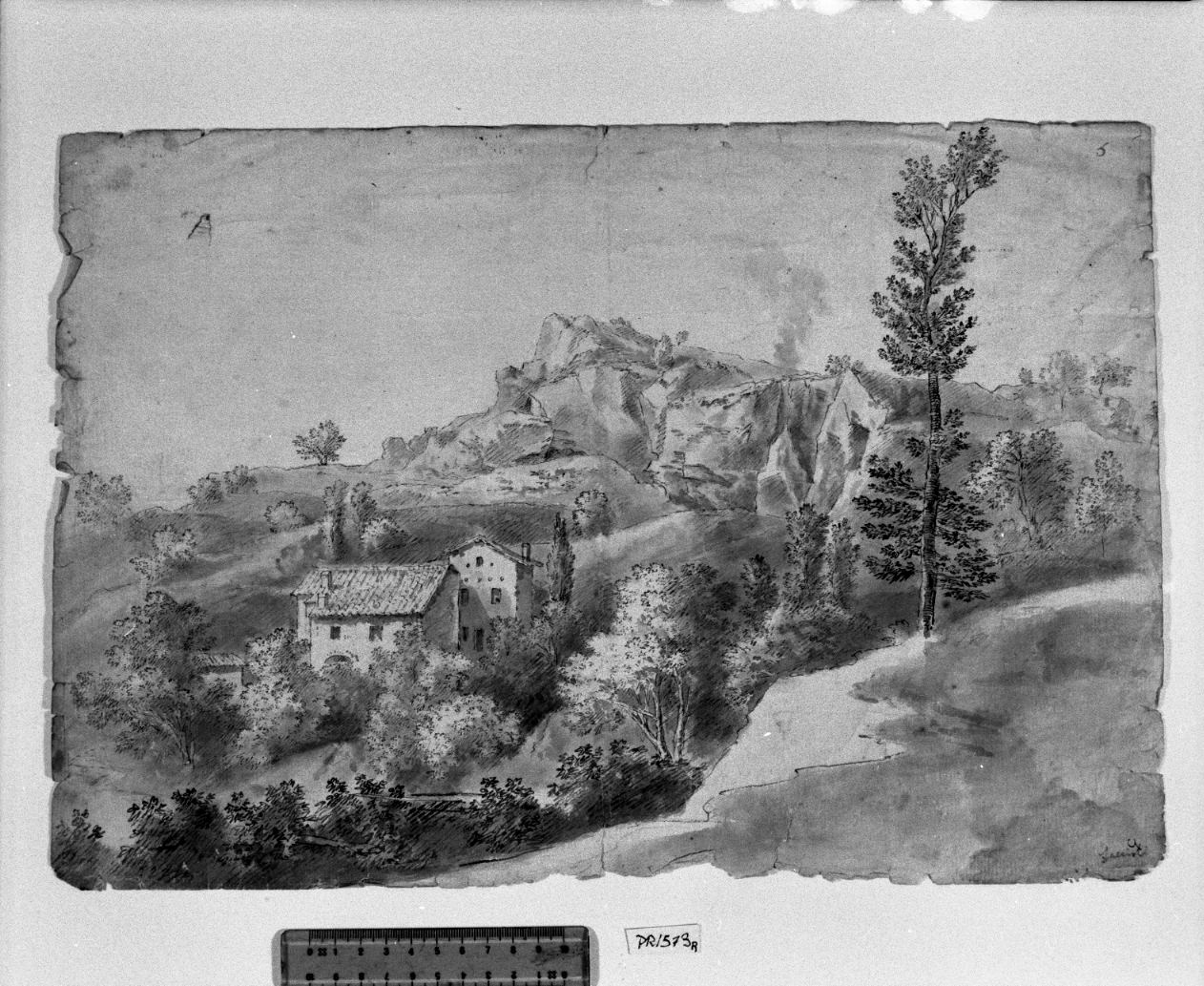 montagne rocciose con case e alberi davanti/ roccia con alberi (disegno, opera isolata) di Savini Giacomo (attribuito) (secc. XVIII/ XIX)