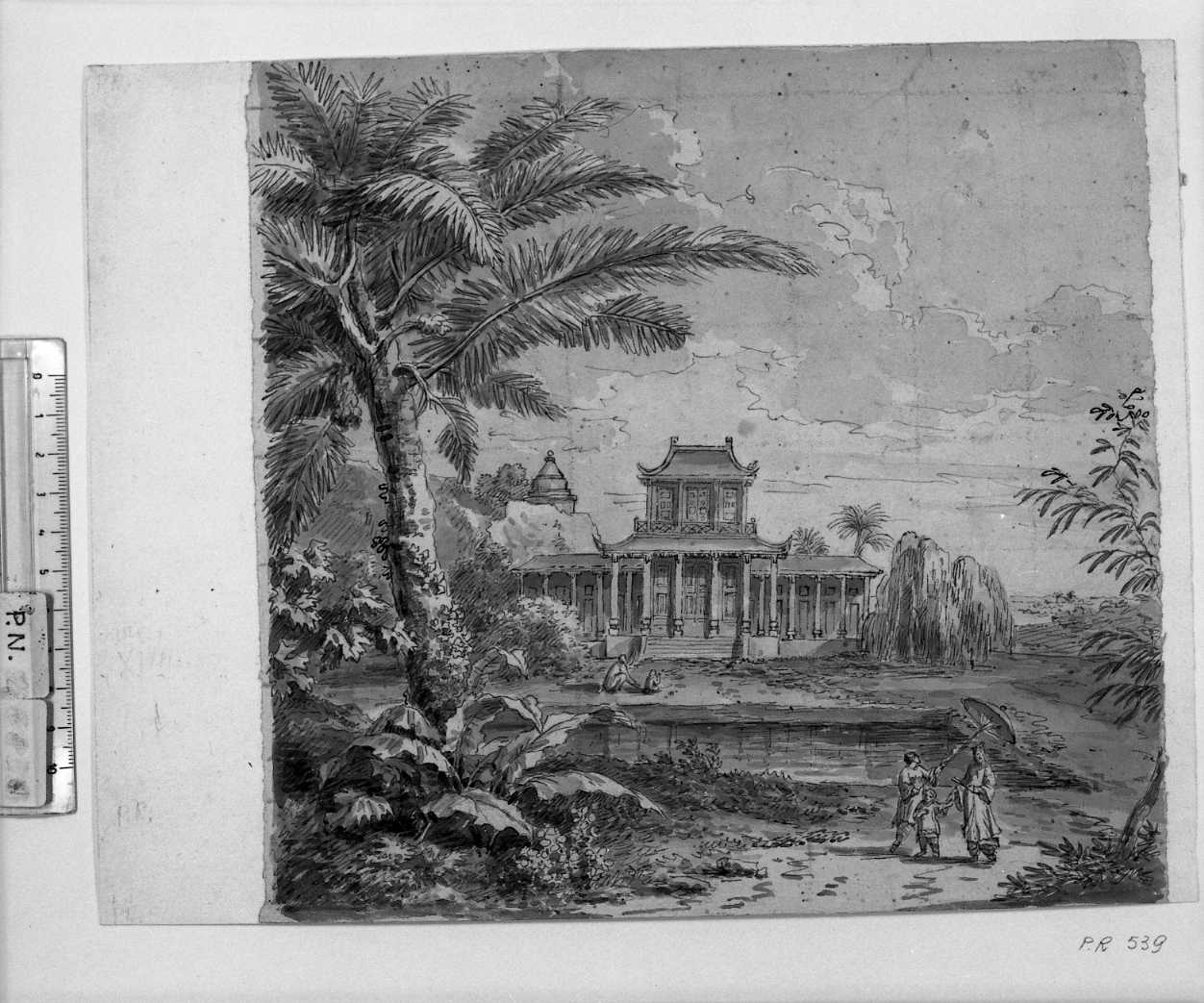 paesaggio con una villa e figurine orientali (disegno, opera isolata) di Savini Giacomo (attribuito) (secc. XVIII/ XIX)
