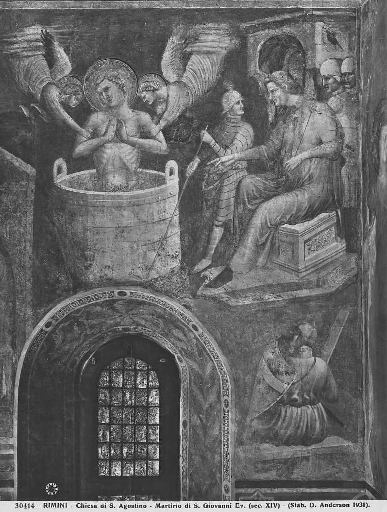 Giovanni da Rimini (attr.)/ Affreschi con le scene della vita di S. Giovanni Evangelista, particolare col martirio del santo/ Rimini/ Chiesa di S. Agostino (positivo) di Maestro dell'Arengo (attr), Anderson, Domenico - scuola romagnola (XX)
