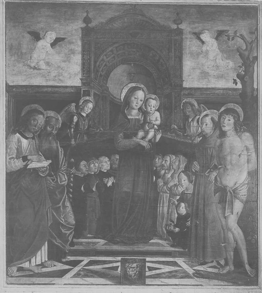 Dipinti - Madonna della Misericordia (positivo) di Dolci, Luzio (attr), Timoteo della Vite (attr), Santi, Giovanni (attr), Anonimo (XX)