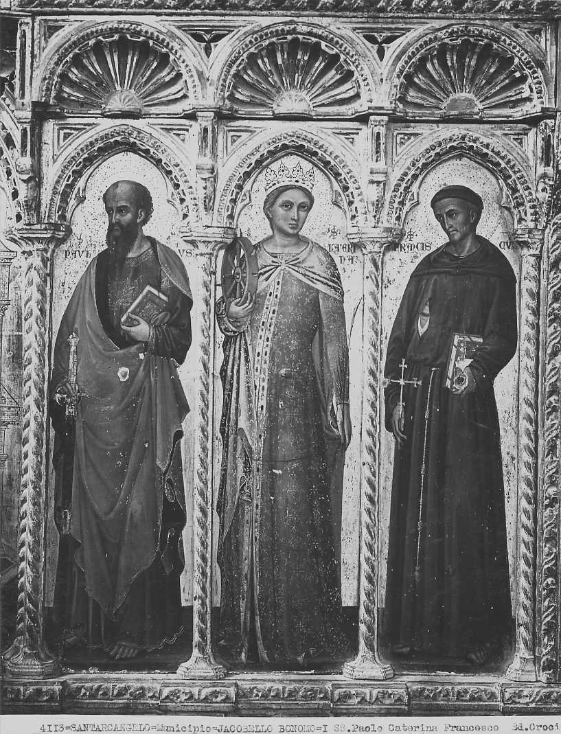 Jacobello di Bonomo/ Polittico, particolare dei Santi Paolo, Caterina e Francesco/ Santarcangelo di Romagna/ Museo Storico Archeologico di Santarcangelo (positivo) di Jacobello di Bonomo, Croci, Felice (XX)