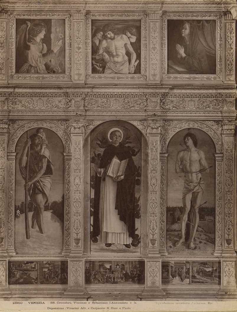 Bellini, G./ Polittico di S. Vincenzo Ferreri, pannello con S. Cristoforo, S. Vincenzo e S. Sebastiano/ Venezia/ Chiesa di SS. Giovanni e Paolo (positivo) di Carpaccio, Vittore (attr), Vivarini, Alvise (attr), Bellini, Giovanni, Anderson, Domenico (XX)