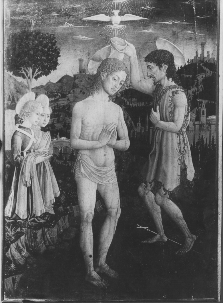 Dipinti - Battesimo di Cristo (positivo) di Giovan Francesco da Rimini, Melozzo da Forlì (attr), Croci, Enea (XX)