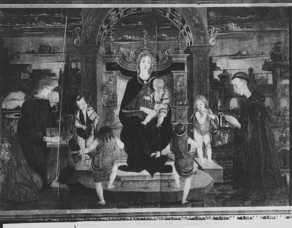 Dipinti - La Vergine col Bambino, S. Giovanni Evangelista e il Beato Bertoni (positivo) di Scaletti, Leonardo (attr), Croci, Felice, Anonimo (XX)