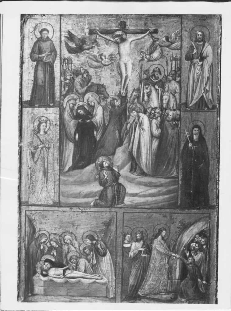 Giovanni Baronzio/ Crocifissione, Deposizione nel sepolcro, Discesa al Limbo, SS. Francesco, Bartolomeo, Caterina e Chiara/ Pinacoteca Nazionale/ Bologna (positivo) di Baronzio Giovanni, Anonimo (XIX/ XX)