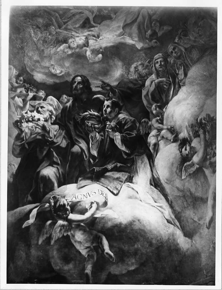 Affreschi - S. Giuseppe S. Giovanni Battista e S. Stefano martire offrono corone alla Vergine (positivo) di Cignani, Carlo, Anonimo (XX)