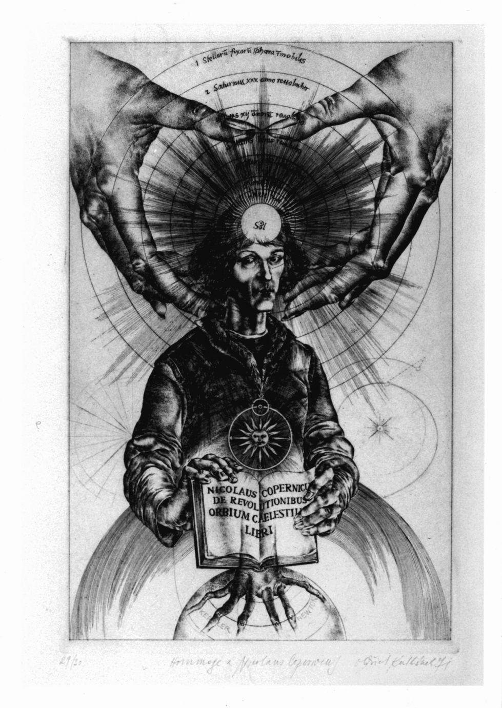 Ritratto di Copernico con libro e simboli astronomici (stampa a colori) di Kuhlhànek Oldrich (sec. XX)