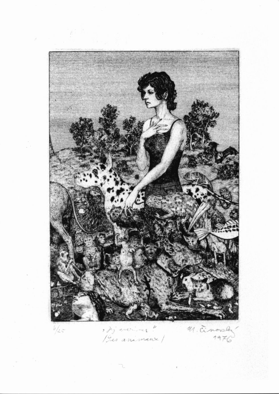 Figura femminile con animali (stampa) di Cinovsky Michel (sec. XX)