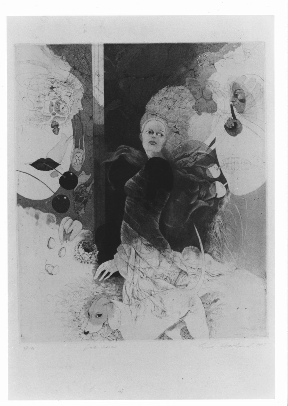 Figura femminile con cane in composizione con volti e frutti (stampa a colori) di Haskova Eva (sec. XX)