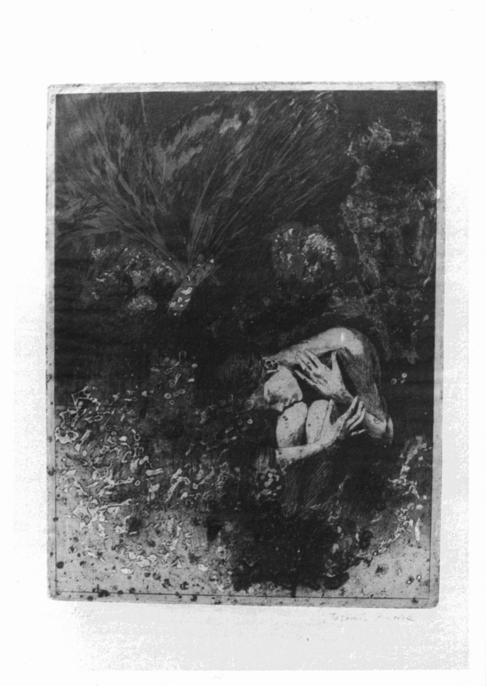 Figura femminile accovacciata in un bosco (stampa) di Knotek Jaromir (sec. XX)