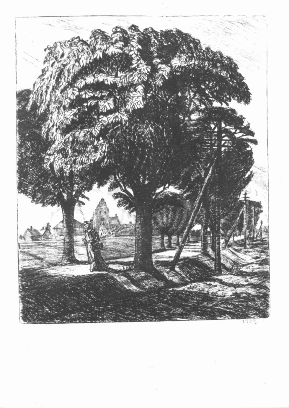 Karise kirke, paesaggio con figura e chiesa sul fondo (stampa) di Christiansen Paul Simon (sec. XIX)