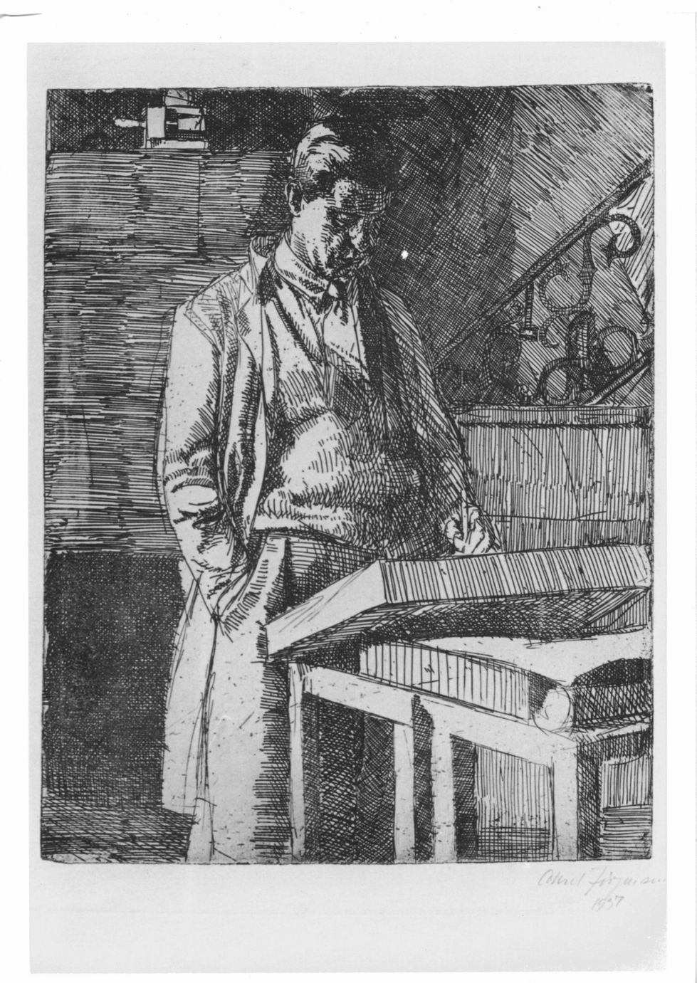 Autoritratto, figura maschile intenta a disegnare (stampa) di Jörgensen Aksel (sec. XX)